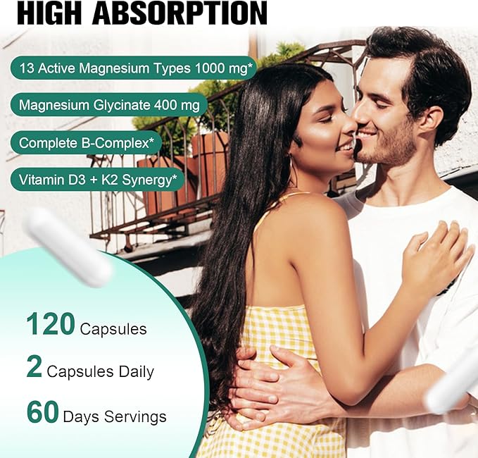 25-in-1 Magnesium Complex with Methylated B Complex Magnesium Glycinate Citrate Malate Taurate Gluconate Aspartate Carbonate D3 K2 Magnesium Supplement for Relaxation Energy &amp Nerve 120 Vegan Ca