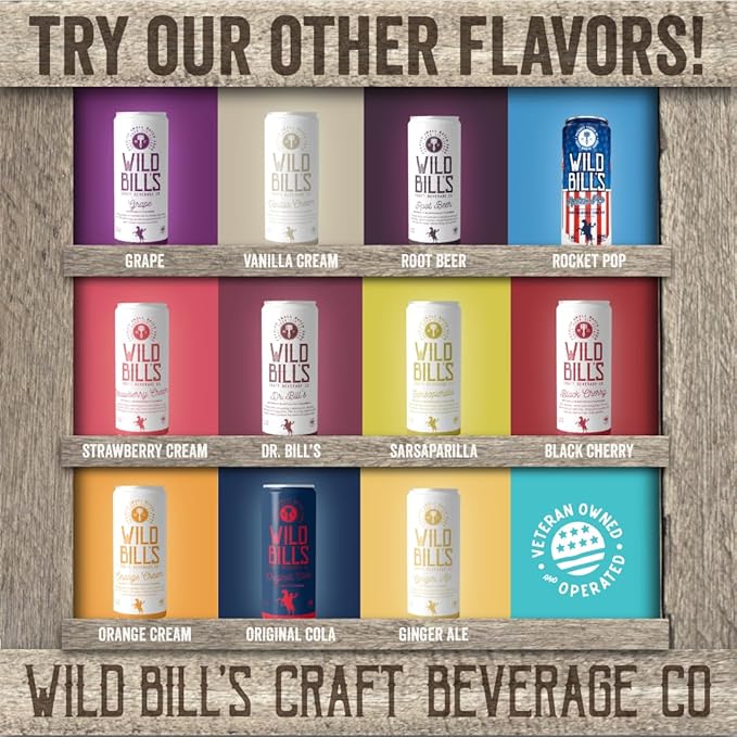Wild Bill's Sarsaparilla Root Beer Soda Classic Craft Soda Pop Soft Drinks Sodas Made with Pure Cane Sugar Caffeine Free NO High Fructose Corn Syrup Gluten Free Vegan Low Sodium 12 Oz 12 Pack