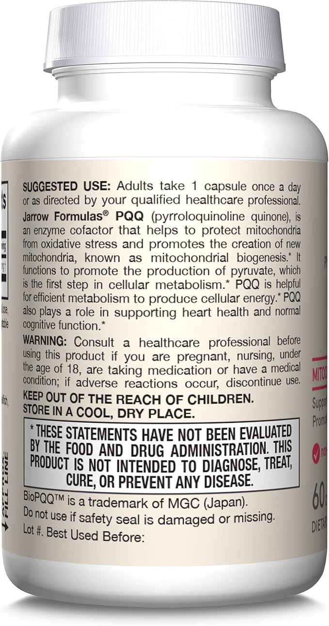 Jarrow Formulas® PQQ 20 mg Dietary Supplement Heart Brain and Metabolism Support 60 Veggie Capsules 60 Day Supply