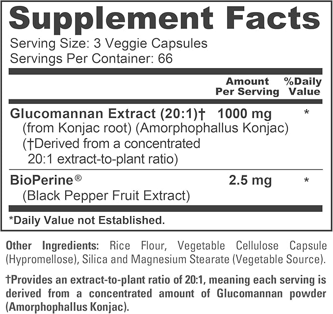 NusaPure Glucomannan 1000 mg per Serving 200 Veg Caps (BioPerine Non-GMO Vegan) Konjac Root
