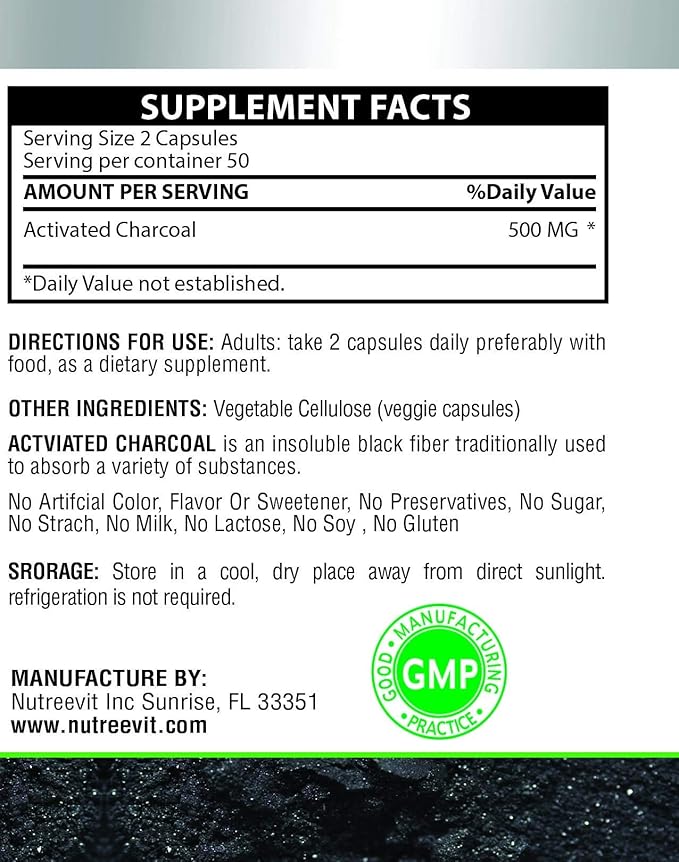 NutreeVit 100% Organic Highly Absorbent - Activated Charcoal (200 Count)