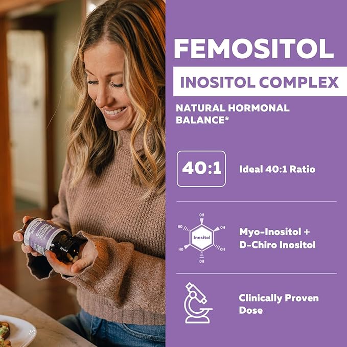 Femositol® Myo-Inositol &amp D-Chiro Inositol Complex Supplement - Clinically Validated 40:1 Ratio (Vitamin B8)| Hormonal Balance &amp Healthy Ovarian Function Support (90 Capsules – 30 Servings)