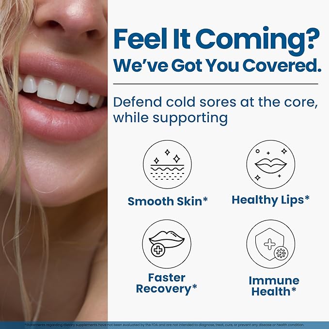 Lysine Cold Sore Treatment for Lips with Pre-Probiotics &amp VIT C | 1 Month Supply | Supercharged Lysine Capsules with Rhamnosus &amp Acidophilus for Cold Sores Relief Skin + Gut Health &amp Immu