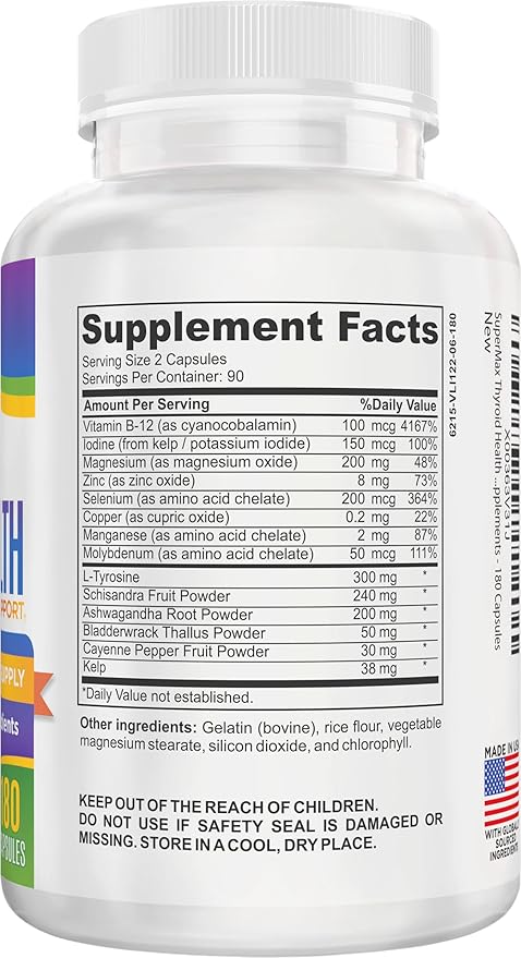 Thyroid Support (3-Month) Supplement All-in-1 with 14 Active Ingredients in 1 Formula | Thyroid Health Support Supplements | Women &amp Men | 90-Day Bulk Supply | 180 Capsules