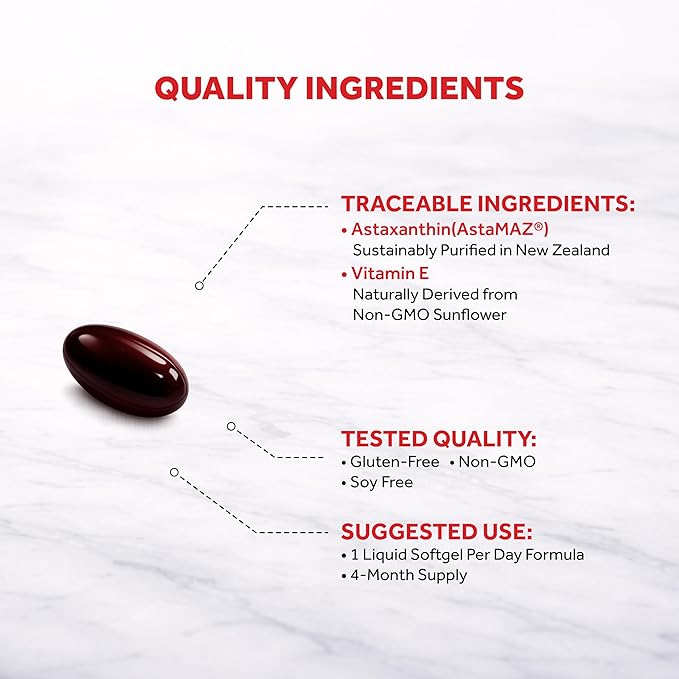 Naturalis New Zealand Astaxanthin (12mg) | Enhanced with Natural Vitamin E | Non-GMO Soy &amp Gluten Free | 120 Softgels (4 Month Supply)