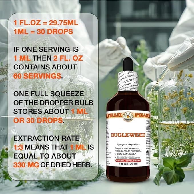 Hawaii Pharm Bugleweed Extract Tincture for Thyroid Balance Eases Premenstrual Discomfort Soothes Breast Tenderness Supports Women's Wellness - 32 fl.oz