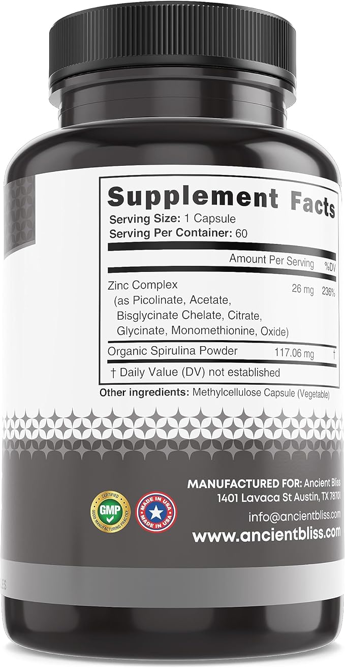 Zinc Complex Capsules with Enhanced Absorption Antioxidant &amp Immune Support Supplement Zinc Supplement for Men &amp Women by Ancient Bliss (60 Capsules)