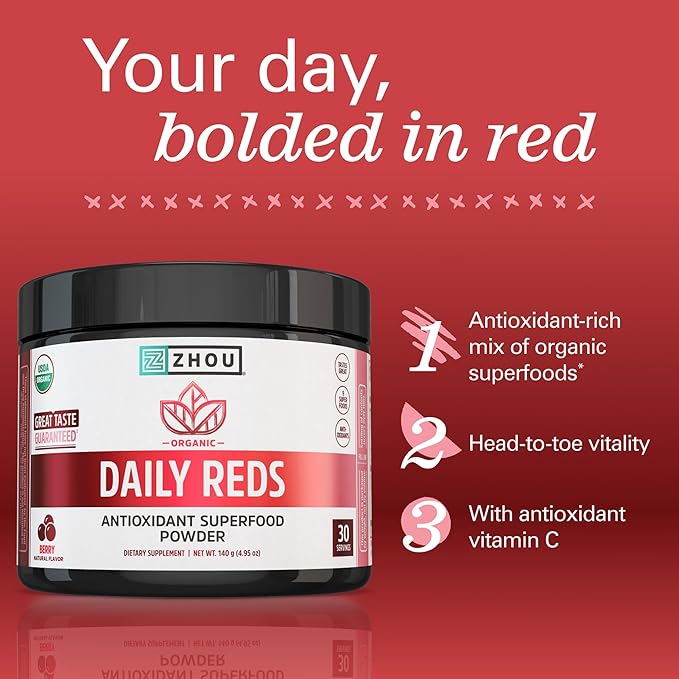 Zhou Organic Reds Powder - Red Powder Superfood with Beetroot Super Fruits Goji Berry &amp Tart Cherry Antioxidant Support for Whole-Body Health - Natural Berry Flavor 4.95 oz (30 Servings)