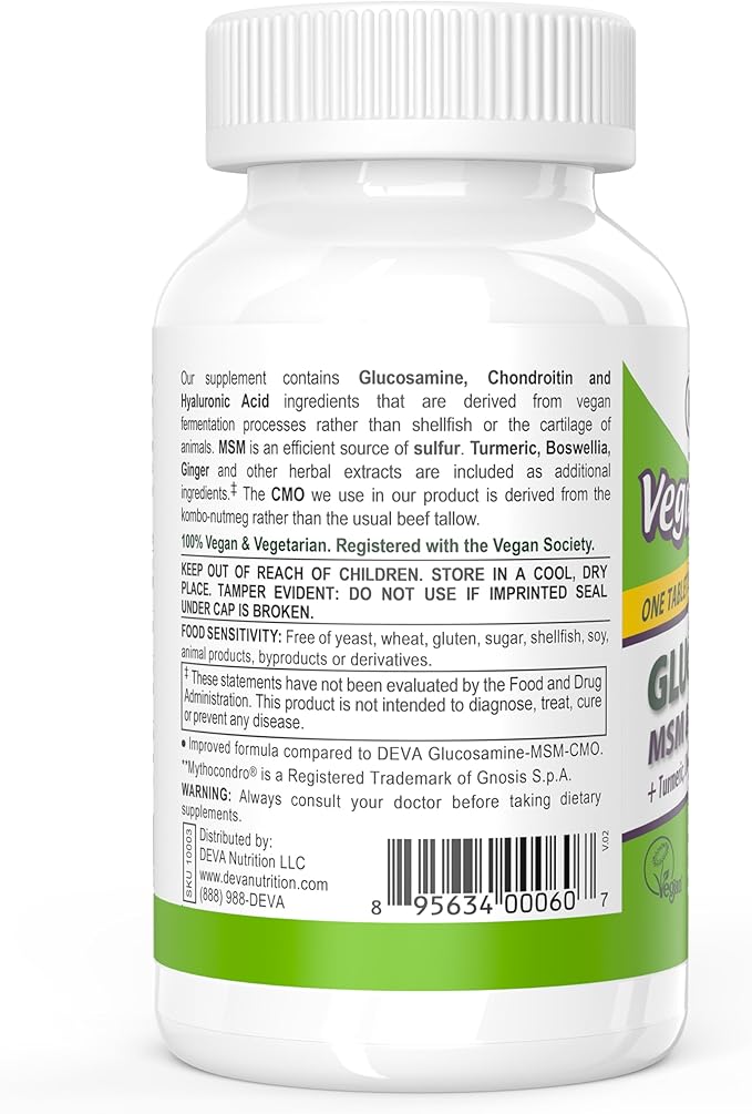 DEVA Vegan Glucosamine MSM &amp Chondroitin + Turmeric CMO Boswellia Hyaluronic Acid &amp More Improved Non-Animal Formula 90 Tablets