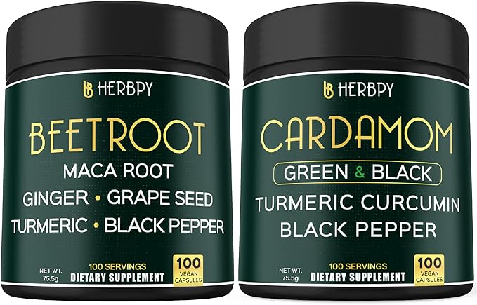 Bundle 6in1 Beet Root Capsules 100 Count &amp 4in1 Cardamom Capsules 100 Count - Support Restful Night Heart Health Digestion &amp Natural Wellness