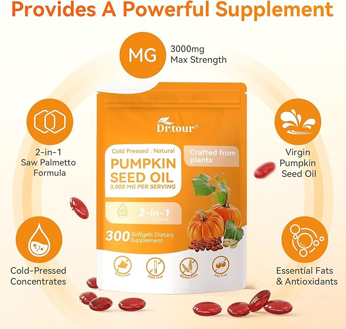 Pumpkin Seed Oil with Saw Palmetto Capsules - Cold Pressed Pure Virgin Oil 300 Softgels for Men &amp Women Supports Hair Urinary Bladder Prostate Health - Essential Fatty Acids &amp Phytosterols