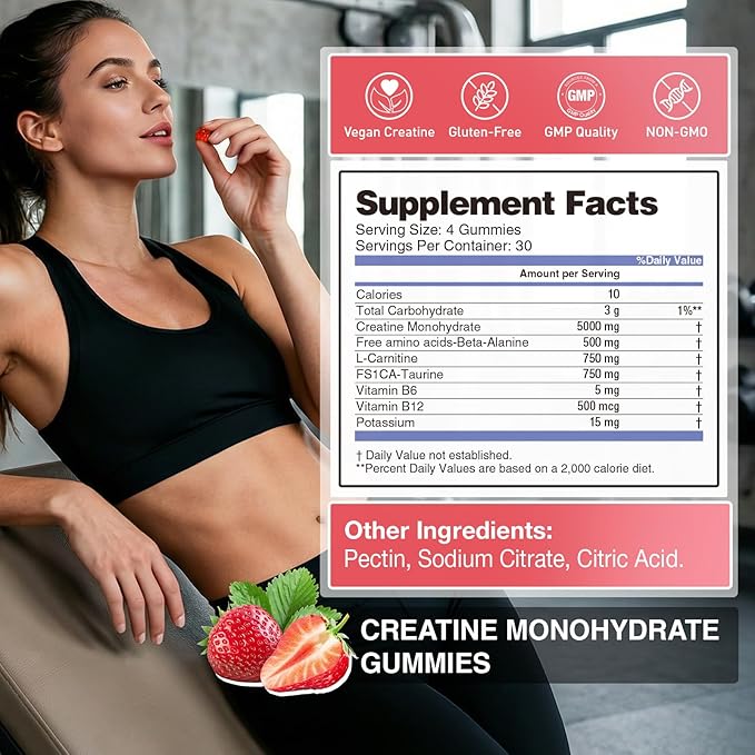 Creatine Gummies for Women &amp Men Low Sugar Creatine Supplements Help Build Muscle Creatine Monohydrate Gummies Raspberry Flavor Supports Muscle Growth and Enhances Strength 120 Count