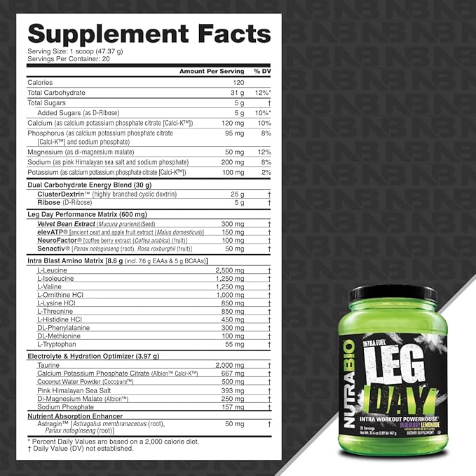 NutraBio Leg Day Intra Workout Powder – Advanced Carb Supplement with Cluster Dextrin &amp Electrolytes – Carb Powder with EAAs/BCAAs – Cyclic Dextrin for Performance – Blueberry Lemonade 20 Serving