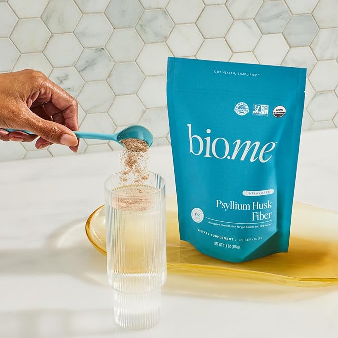 Bio.me Psyllium Husk Fiber Unflavored (6g Per Serving) - Gluten-Free Fiber Supplement for Women &amp Men - Psyllium Husk Powder for Healthy Digestion Bowel Regularity &amp Bloating Relief - 45 Serv