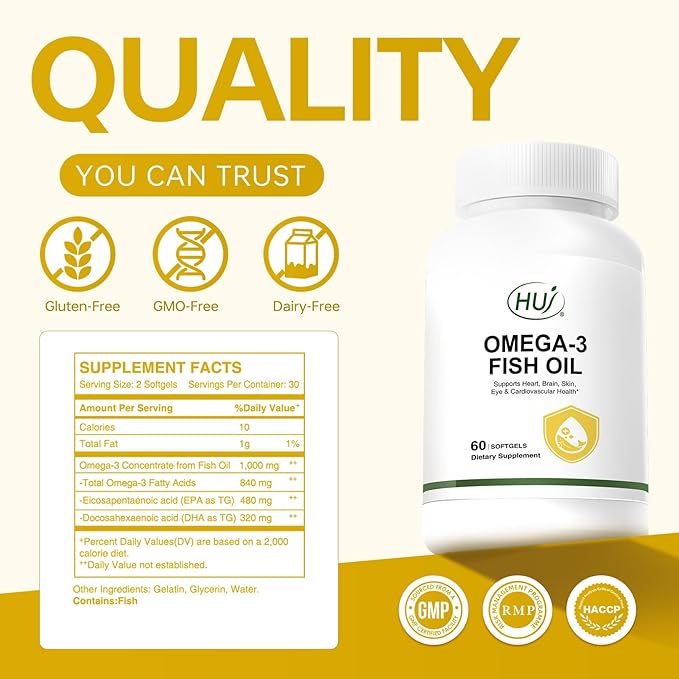 HUJ Omega 3 Fish Oil 1000mg Softgels - EPA+DPA Fish Oil Omega 3 for Heart Brain Skin Eyes &amp Cardiovascular Support *- 60 Softgels