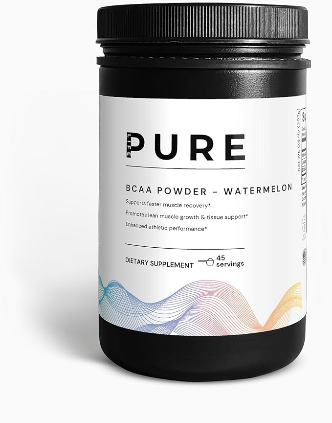 PURE LIFE BCAA Powder – Watermelon Flavor | 45 Servings | Clean BCAA Supplement with Glutamine for Muscle Recovery &amp Energy | Natural Workout Support for Men &amp Women