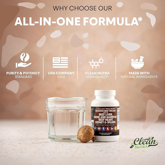 Clean Nutraceuticals Grass Fed Beef Liver Capsules - Premium Quality Supplement Packed with Desiccated Beef Heart Spleen Pancreas Plus Bone &amp Marrow Dao Enzyme Pills