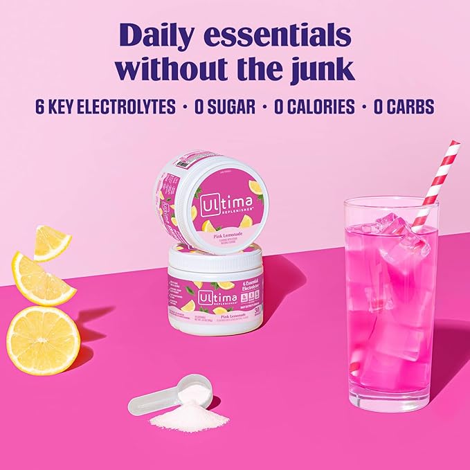Ultima Replenisher Daily Electrolyte Powder Drink Mix – Sugar Free – Pink Lemonade 30 Serving – Hydration Powder with 6 Key Electrolytes and Trace Minerals – Keto Friendly Vegan Non-GMO