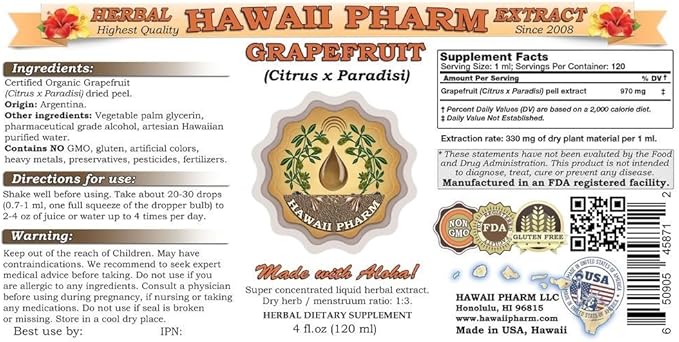 Hawaii Pharm Grapefruit Liquid Extract Grapefruit (Citrus x paradisi) Dried Peel Tincture Supplement 15x4 oz