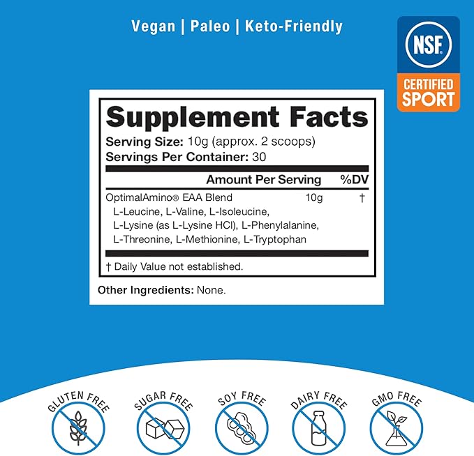 OptimalAmino Amino Acid Powder | 99% Utilized Essential Amino Acid (EAA) Supplement | Pre/Post Workout &amp Muscle Recovery | NSF for Sport Certified | Unflavored Do It Yourself (DIY)