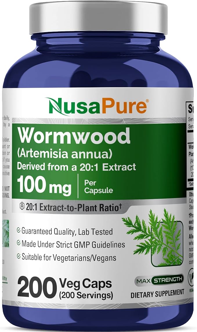 NusaPure Wormwood Capsules 100 mg 200 Veg Capsules (Non-GMO Vegan)