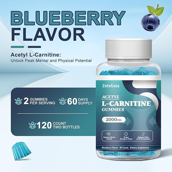 2 Pack Sugar Free Acetyl L-Carnitine Gummies L-Carnitine Supplement for Women &amp Men with Vitamin C &amp B12 ALCAR for Energy Brain &amp Heart Health Support Vegan Non-GMO 120 Count