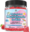 Kids Multivitamin Gummies with Omega-3 (Dha+Epa) Methylated B12 &amp Folate B6 B2 &amp Elderberry Vitamin D3 C A E Zinc Postbiotics Choline | for Brain Eye &amp Immune Clean Sugar Free