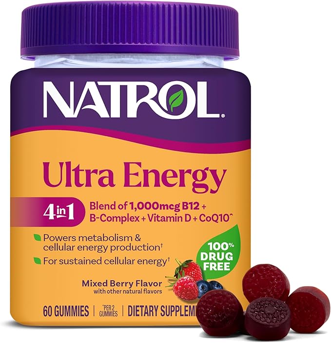 Natrol Ultra Energy 4-in-1 Blend 1000mcg B12 Vitamin B Complex Vitamin D CoQ10 Gummies 60 Ct Vegetarian Caffeine Free Supports Cellular Energy Production