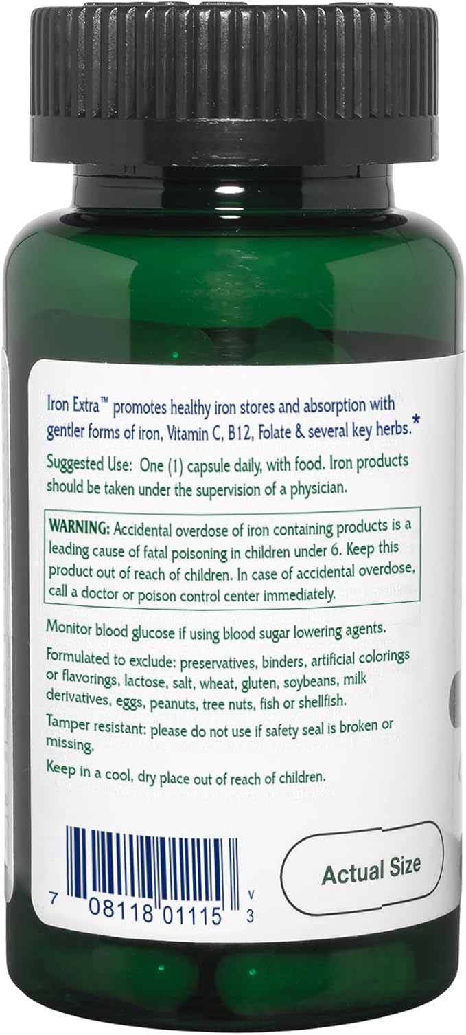 Vitanica Iron Extra Iron Supplement Enhanced Absorption with Vitamin C 500mg Methylfolate 400mcg B12 Vitamin 500mcg Calcium Yellow Dock Dandelion Root &amp Nettle Leaf Extract Vegan 60 Capsul
