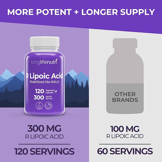 LongLifeNutri Stabilized R-Alpha Lipoic Acid 300mg – High Potency Na-RALA Supplement for Cellular Energy &amp Metabolic Function 120 Vegetarian Capsules 4-Month Supply GMP Certified Made in USA