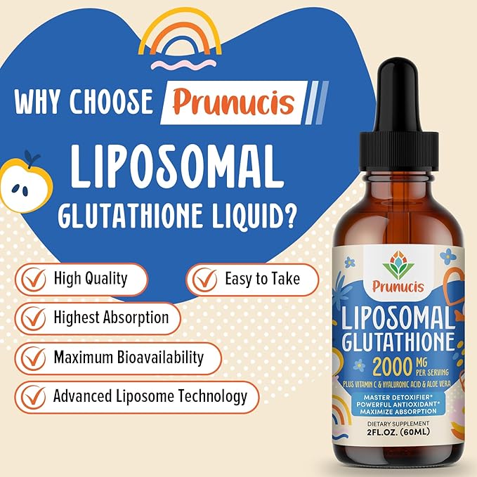 Prunucis 2000MG Liposomal Glutathione Liquid 98% Absorption Active Form L-Glutathione Supplement Vegan Friendly Powerful Antioxidant Complex for Immune System Aging Defense Detox 2 FL.OZ