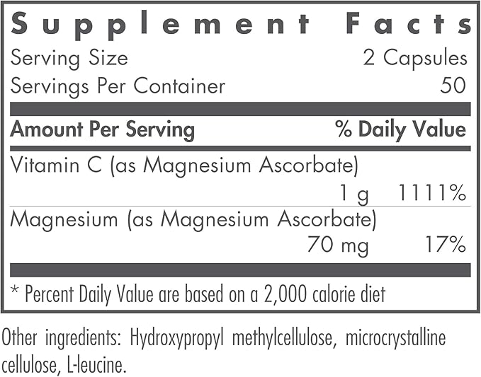 NutriCology Magnesium Ascorbate - Buffered Vitamin C Supplement - Delivers 1000 mg Stomach-Friendly &amp Non-Acidic Vitamin C - Vegetarian &amp Hypoallergenic - 50 Servings - 100 Capsules