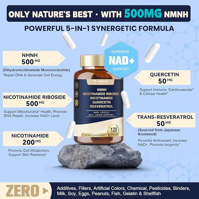 Totaria NMNH (Dihydronicotinamide Mononucleotide) NMNH Supplement w/Niacinamide (Vitamin B3) Quercetin Trans-Resveratrol Support NAD+ Anti-Aging Skin Cell Health &amp Energy 240 Count
