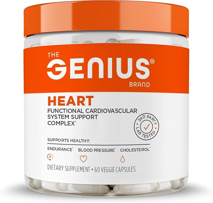 The Genius Brand Genius Heart - Adult Health Supplement for Daily Heart Function Support - Supports Blood &amp Oxygen Flow - With Grapeseed Extract &amp More - Non-GMO Gluten-Free &amp Vegan - 60
