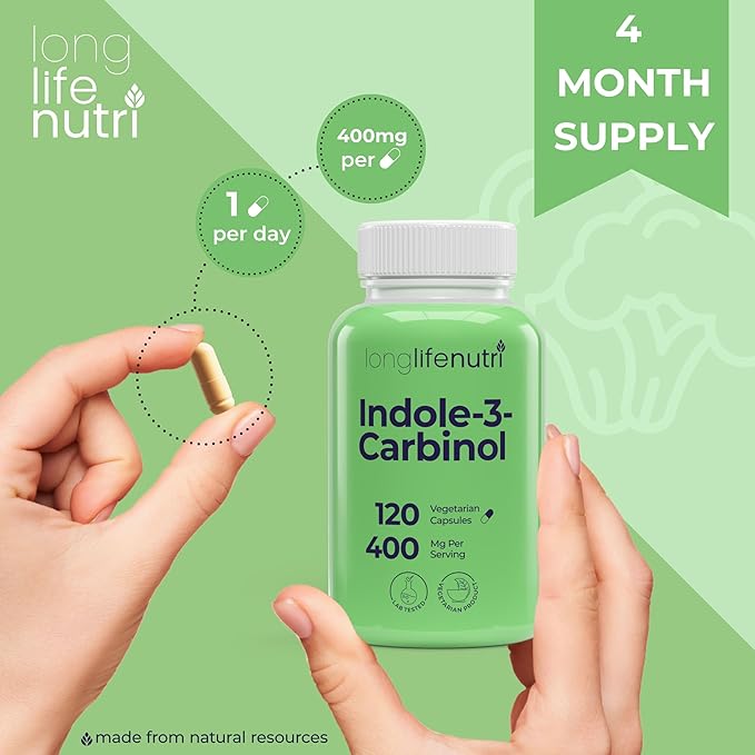 LongLifeNutri Indole-3-Carbinol 400mg - 120 Vegeterian Capsules 4-Month Supply Organic Supplement for Hormone Balance &amp Cellular Health Lab Tested Made in USA