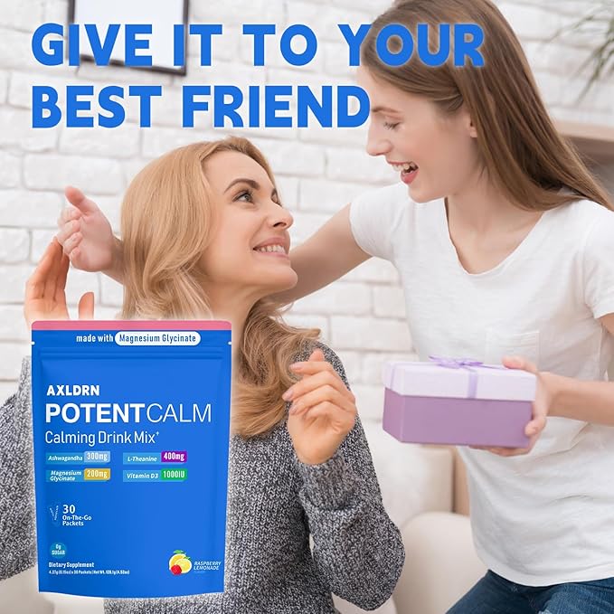 PotentCalm Super Cortisol Drink Magnesium Glycinate Powder L-theanine Ashwagandha Vitamin D No Sugar Raspberry Lemonade Electrolytes Powder - 30 Servings