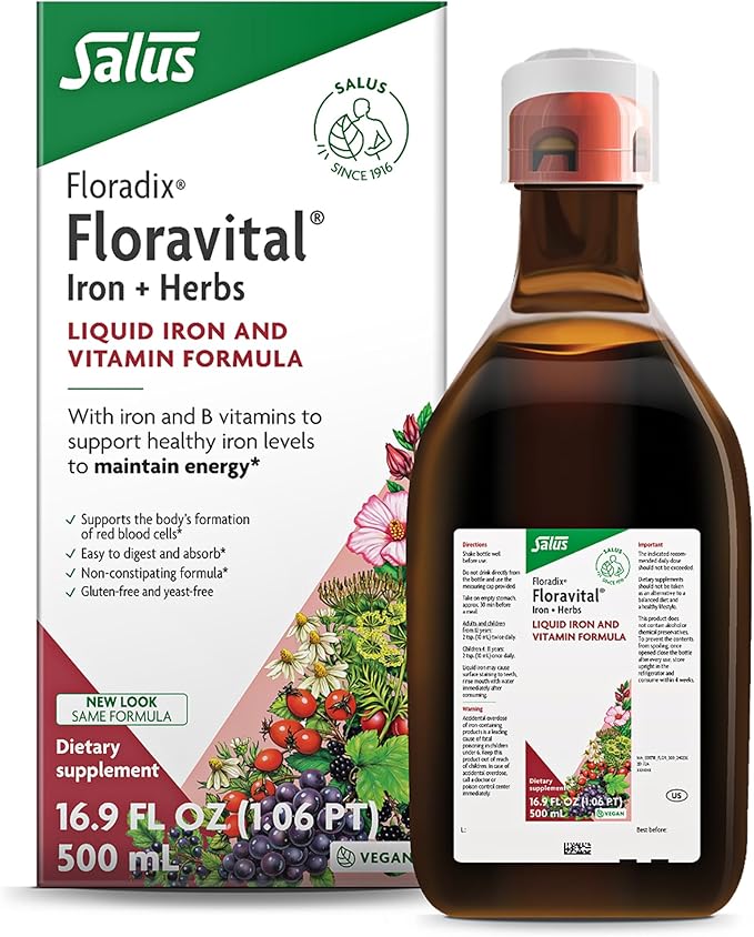 Floradix Floravital Liquid Iron &amp Vitamin Formula - Liquid Iron Supplement with C &amp B Vitamins &amp Herbs for Energy Support - Vegan Gluten-Free Yeast-Free &amp Non-GMO-16.9 Fl Oz