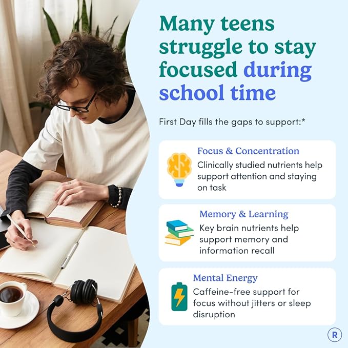 FIRST DAY Teen Brain &amp Focus Supplement Gummies Ages 13–18 | Study &amp Concentration Support with Cognizin® Citicoline &amp Phosphatidylserine | Vegan Non-GMO Caffeine-Free | 30-Day Supply