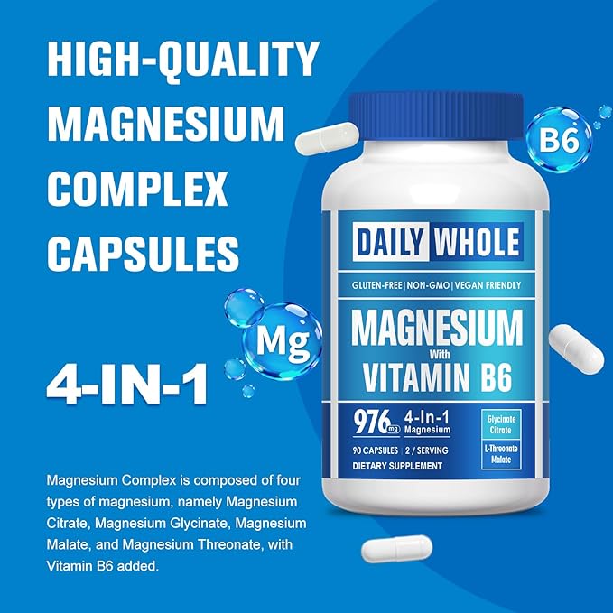 4-in-1 Magnesium Glycinate Complex 90 Capsules of Magnesium Glycinate Citrate Malate L-Threonate &amp Vitamin B6 Supplement for Health | Third Party Tested Gluten Free