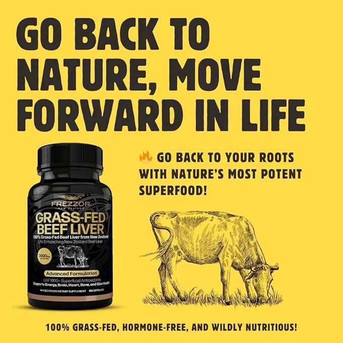 FREZZOR New Zealand 100% Live-Grass-Fed Beef Liver 180 Capsules Supports Energy Production Detoxification Digestion Immunity and Full Body Wellness Non-GMO 3000 mg per Serving