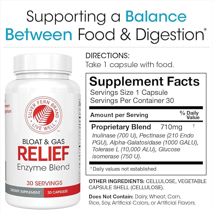 Silver Fern Bloat &amp Gas Relief Digestive Enzyme Blend - 1 Bottle = 30 Servings - FODMAP &amp Bloating Digestion Supplement with Tolerase L Pectinase &amp More (1 Bottle)