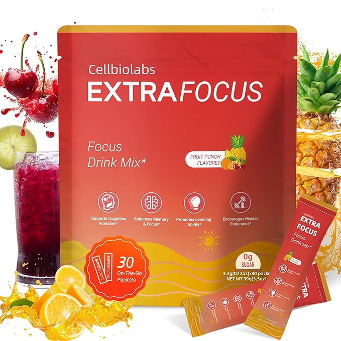 Nootropic Extra Focus Drink Mix 30 Packs On-The-Go Sticks Featuring Alpha-GPC Lion's Mane &amp Rhodiola Sugar-Free Packets Fruit Punch Clean Drink Mix