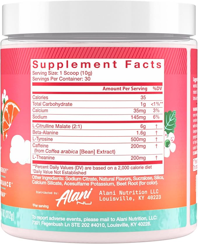 Alani Nu Pre Workout Powder Strawberry Sunrise Amino Energy Boost Endurance Supplement Sugar Free 200mg Caffeine L-Theanine Beta-Alanine Citrulline 30 Servings