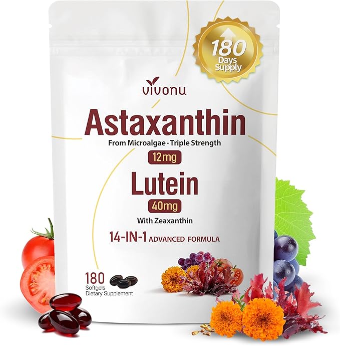 14-in-1 Astaxanthin 12mg &amp Lutein 40mg with Zeaxanthin Supplements 6 Month Supply Fresh Microalgae Source Supports Eye Skin Antioxidant Joint Circulatory Health Non-GMO Gluten Free 180 Soft