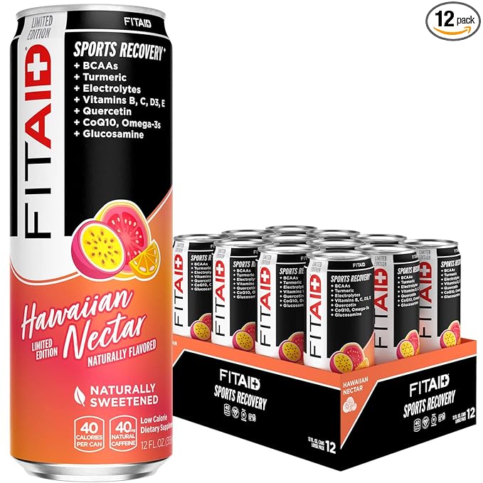 FITAID Post Workout Recovery Drink Hawaiian Nectar Passion Fruit Orange &amp Guava BCAA Glucosamine Electrolytes 40 Calories 12 Fl Oz (Pack of 12) - Packaging May Vary