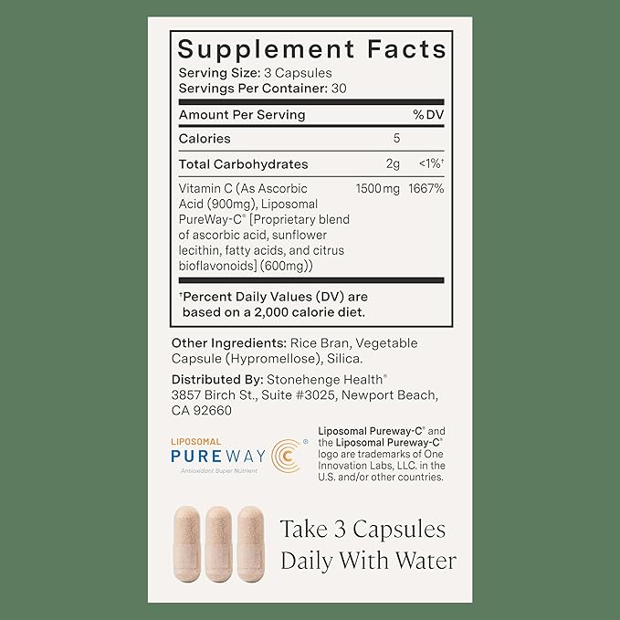 Stonehenge Health Dynamic Liposomal Vitamin C 1500mg - 90 Capsules - Advanced Formula - Phospholipids Non-GMO Sunflower Supports Healthy Immune System Collagen Synthesis &amp Brain Health (3 Pack)