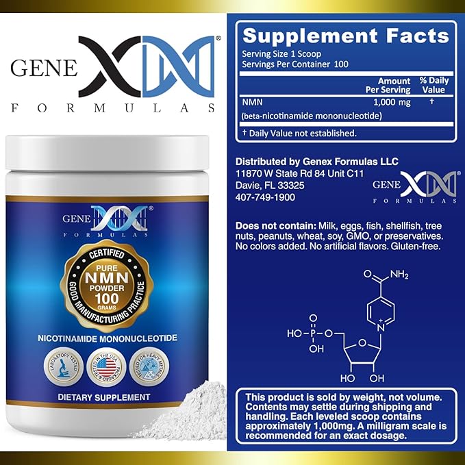 Genex Formulas Pure NMN Powder 100 Grams Instant Dissolve Shelf Stable Non-Synthetic PVP Free Ultra-Low Density 99.9% Pure NMN Made in a US-Based GMP NSF &amp FSSC 22000 Certified Facility
