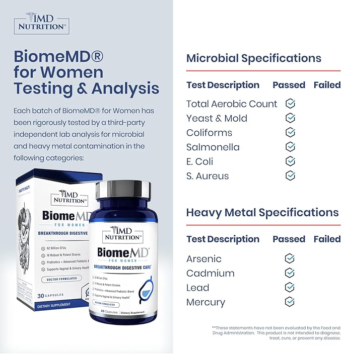 1MD Nutrition BiomeMD Probiotics for Women - 62 Billion CFUs 16 Strains with Prebiotics | Supports Vaginal &amp Urinary Health - Doctor-Formulated | 30 Capsules (2-Pack)