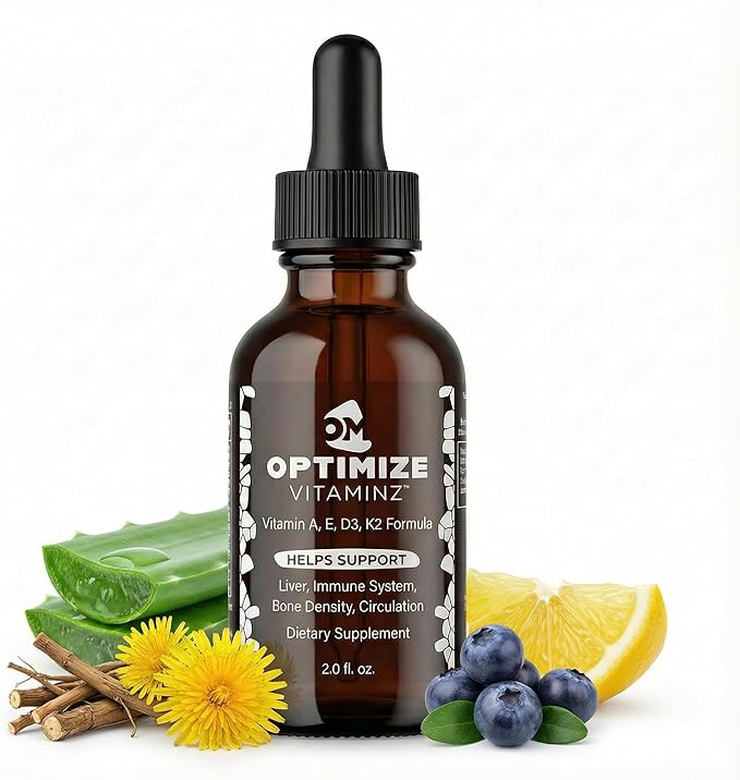 Optimize Vitaminz Liquid Vitamin D3 K2 Drops with Dandelion Root &amp Bilberry | Immune Liver &amp Bone Support MK-7 Formula Fast Absorption Liquid Multivitamin 30 Day Supply 2 Fl Oz