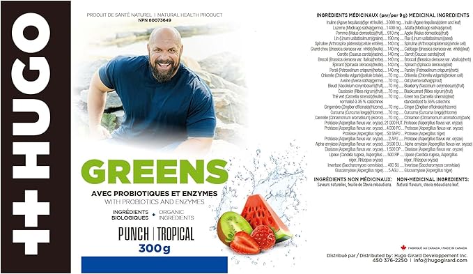 ++Hugo Greens Powder Nurition Girard | 300 G Combined with probiotics and enzymes + Made with Organic Ingredients | Punch Tropical Flavor